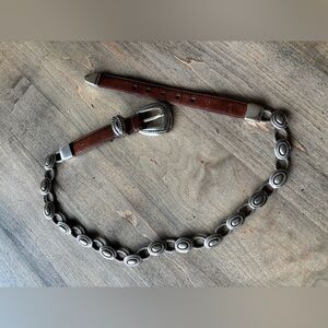 Brighton Size M Brown Leather Belt Silver Medallion Chain Vintage 1995